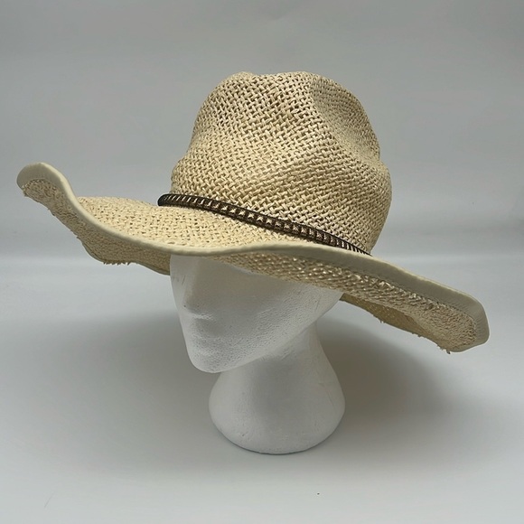 Steve Madden Woven Paper Yarn Sun Hat with gold accents & black lace overlay - Picture 2 of 5